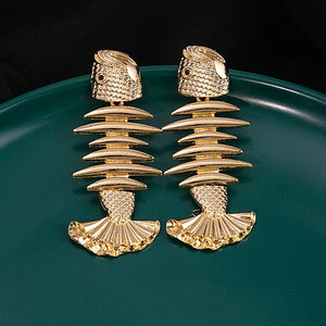 Luxury Gold Plated Alloy Fish Bone Drop Earrings Vintage Statement Big Head Fish Dangle Earrings