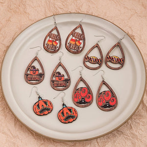 Vintage Halloween Pumpkin Ghost Teardrop Wooden Alloy Hook Cartoon Trick Or Treat Gothic Dangle Earrings