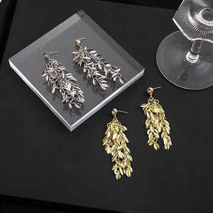 Elegant Alloy Metal Leaf Wheat Tassel Drop Earrings For Women Luxury Long Dangle Statement Earrings