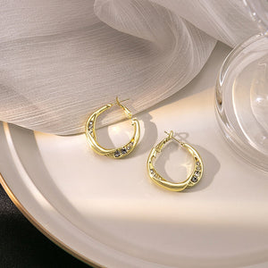 Elegant Gold Alloy Geometric Double Circle Hoop With Micro Paved Zircon Rhinestone Earrings