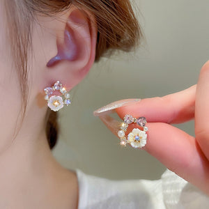 Light Luxury Floral Faux Pearl Stud Earrings With Rhinestone Hollow Flower Design