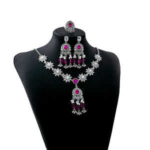 Luxury Vintage Flower Teardrop Alloy Rhinestone Crystal Pearl Tassel Square Zircon Necklace Set Earrings