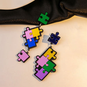Colorful Puzzle Piece Asymmetric Acrylic Drop Earrings For Women Cute Cartoon Statement Earrings