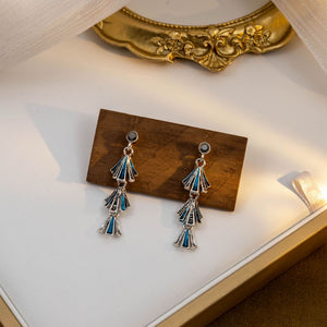 Vintage Alloy Fan Tassel Drop With Turquoise Enamel Rhinestones Geometric Luxury Long Dangle Earrings