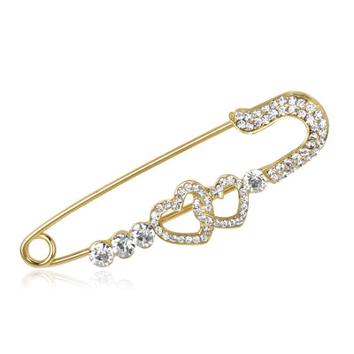 Front product view of the heart crystal safety pin brooch pin in gold and silver