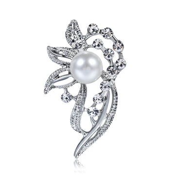 Silver Tone Flower Pearl Look Metal Brooch Pin 2.3 x 4.2 cm