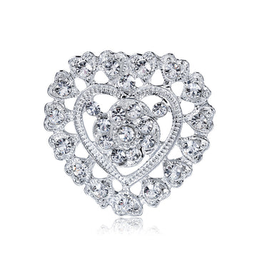 Silver Tone Heart Crystal Metal Brooch Pin for Jackets and Lapels