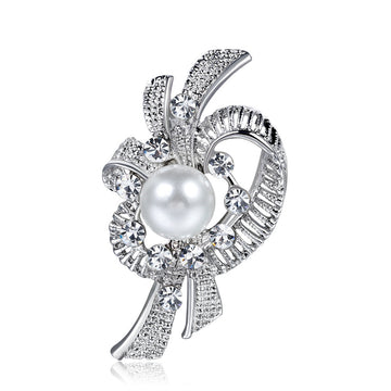 Silver Tone Crystal Bow Brooch with Large Pearl Look Center