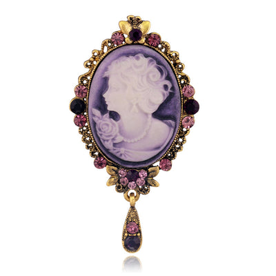 Front product view of the woman portrait brooch pin in purple and silver
