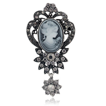 Blue Silver Tone Woman Portrait Openwork Crystal Two Designs Metal Brooch Pin