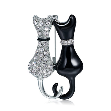 Black Silver Tone Cat Crystal Metal Brooch Pin for Jackets and Lapels