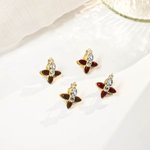 Vintage Hong Kong Style Double Sided Enamel Flower Rhinestone Alloy Luxury Brown Red Ear Cuff Earrings
