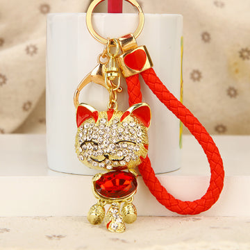 Jeweled Lucky Cat Keychains With Braided Wrist Straps in Four Colors