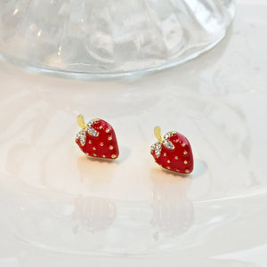 Cute Red Enamel Strawberry Studs With Rhinestone Leaves, Elegant Sweet Fruit Jewelry Silver Needle Earrings
