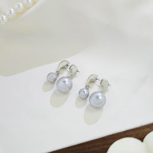Elegant French Vintage Silver Needle Gray Double Pearl Front Back Drop Earrings