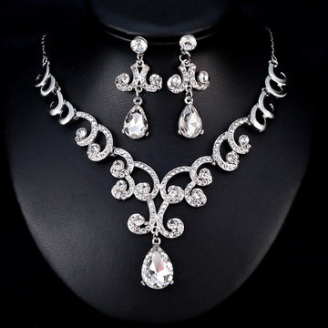 Black Silver Tone Crystal Scroll Teardrop Crystal Metal Necklace and Earring Set