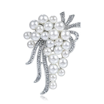 White Silver Tone Floral Bouquet Pearl Look Metal Brooch Pin
