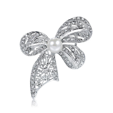 White Silver Tone Ribbon Bow Crystal Pearl Look Metal Brooch Pin