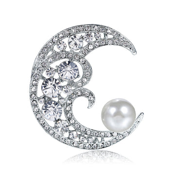 Silver Tone Moon Pearl Look Metal Brooch Pin for Jackets and Lapels