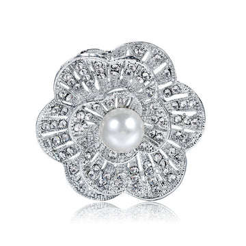 Silver-Tone Flower Brooch with Pearl-Look Center and Clear Stones