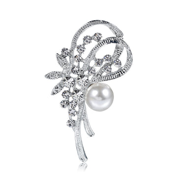 Silver Tone Flower Pearl Look Metal Brooch Pin 7 x 8 cm
