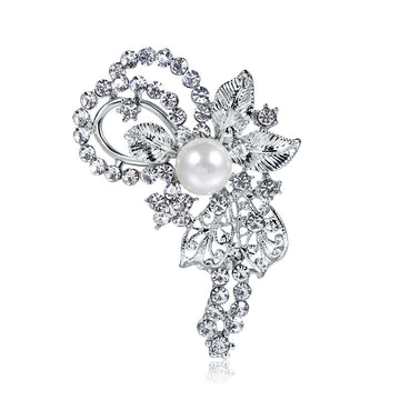 Silver Tone Flower Crystal Pearl Look Metal Brooch Pin 1 x 7 cm