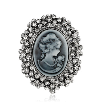 Black Silver Tone Woman Portrait Crystal Metal Brooch Pin