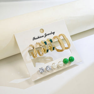Vintage Luxury Gold Alloy Geometric Hoop And Square Rhinestone Pearl Stud Mixed Set Earrings