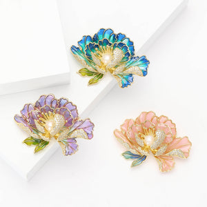 Copper Zircon Pearl Peony Brooch For Dress And Suit