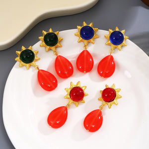 Vintage Three Color Sunflower Studs With Gold Alloy Acrylic Teardrop Pendant For Women Earrings