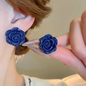 Deep Blue Resin Rose Flower Stud Earrings Vintage Elegant Light Luxury Floral Jewelry For Women