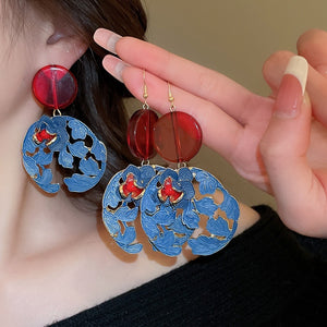 Red Blue Contrast Painted Resin Flower Stud Earrings Vintage Hong Kong Style Elegant Jewelry