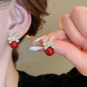 Light Luxury Bow Faux Pearl Stud Earrings With Rhinestone Silver Posts For Women