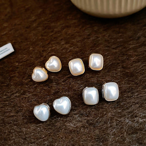 Alloy Square Heart Pearl Stud Earrings For Women French Minimalist Light Luxury Jewelry