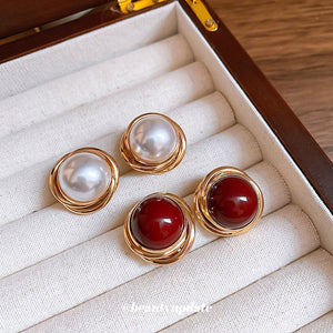 Light Luxury Round Faux Pearl Stud Earrings For Women, Vintage Geometric Elegant Ear Jewelry