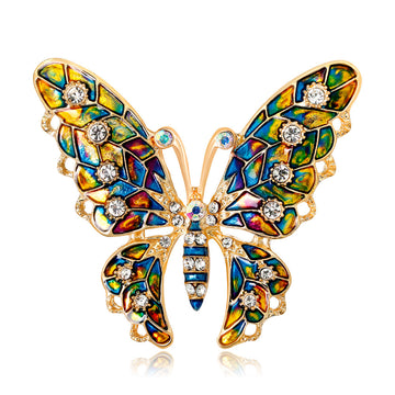 Blue Gold Tone Butterfly Crystal Enamel Metal Brooch Pin 4.6 x 5.3 cm
