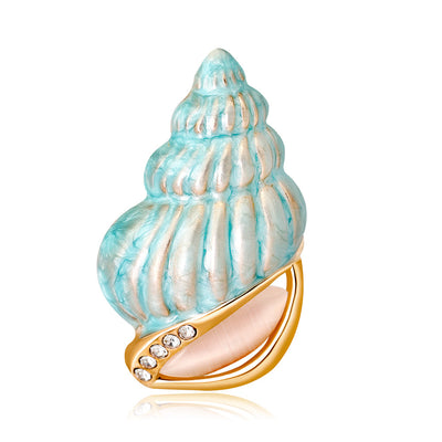 Front product view of the conch shell brooch pin in aqua and gold