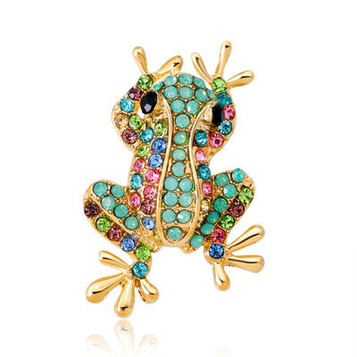 Front product view of the frog brooch pin in gold and green
