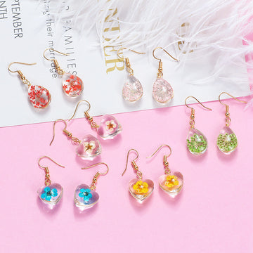 Pressed Flower Clear Teardrop Long Hook Earrings in Two Colors