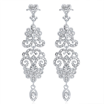 Silver Tone Crystal Scroll Tassel Metal Dangle Earrings