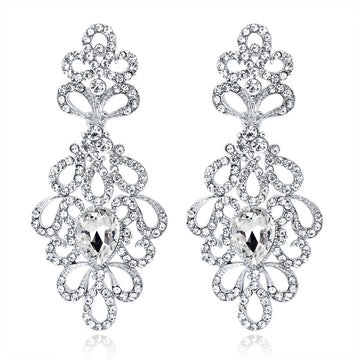 Silver Tone Crystal Scroll Drop Openwork Crystal Metal Dangle Earrings