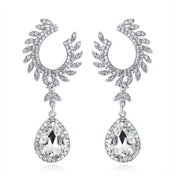 Silver Tone Crystal Crescent Leaf Crystal Metal Dangle Earrings