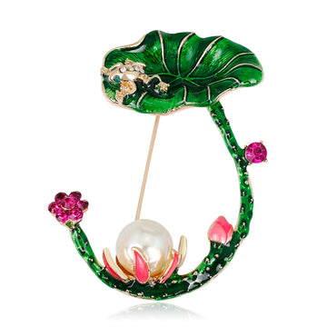 Green Gold Tone Lotus Enamel Metal Brooch Pin for Jackets and Lapels