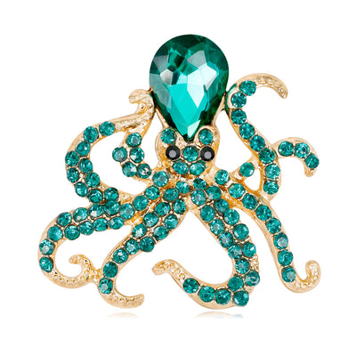Front product view of the octopus brooch pin in aqua and gold