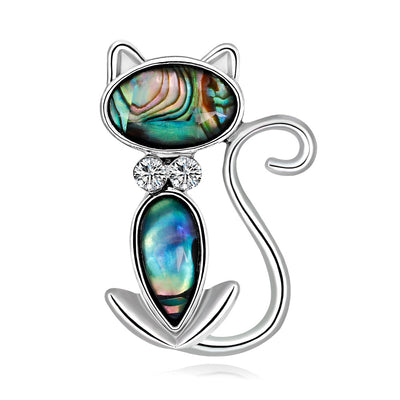 Front product view of the cat brooch pin in silver and green