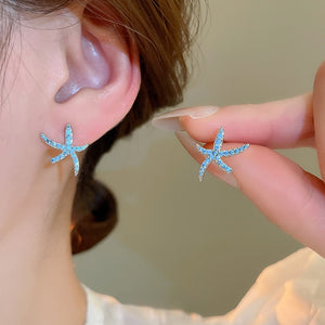 Korean Style Blue Zircon Starfish Stud Earrings Copper Elegant Fashion Designer Jewelry