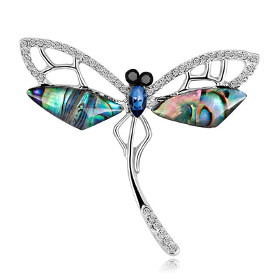 Front product view of the dragonfly brooch pin in silver and blue