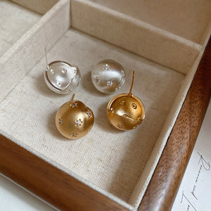 18K Gold Plated Copper Round Zircon Stud Earrings With Silver Pins, Brushed Vintage Style