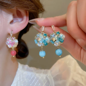 Silver Needle Pearl Colorful Glass Stone Butterfly Stud Earrings Light Luxury Women Jewelry