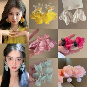 Colorful Cloth Petal Mesh Flower Stud Earrings Beach Vacation Statement Jewelry